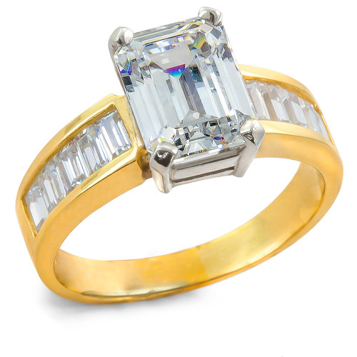 Avalon 2.5 Carat Emerald Step Cut Channel Set Baguette Solitaire Engagement Ring with lab grown diamond simulant cubic zirconia in 14k two tone gold.