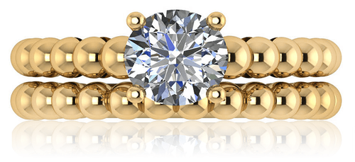 Round 2 Carat Beaded Shank Cathedral Wedding Set with lab grown diamond quality cubic zirconia in 18k yellow gold.