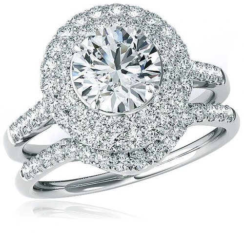 Camberley 2 carat round laboratory grown diamond simulant cubic zirconia double halo bridal wedding set in 14k white gold.