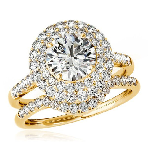 Camberley 2 carat round laboratory grown diamond look cubic zirconia double halo halo bridal wedding set in 14k yellow gold.