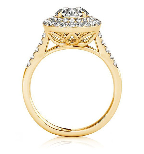 Camberley 2 carat round lab grown diamond simulant cubic zirconia double halo solitaire engagement ring in 14k yellow gold.