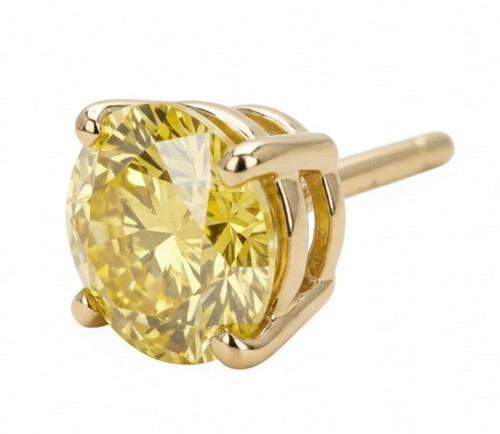 4 carat 11mm round single canary yellow lab grown diamond alternative cubic zirconia basket set earring stud set in 14 karat yellow gold