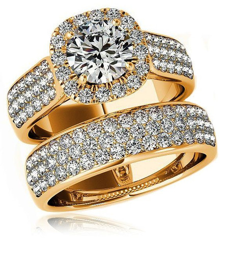 Kensington 1.5 carat round laboratory grown diamond look cubic zirconia micro pave halo bridal wedding set in 14k yellow gold.