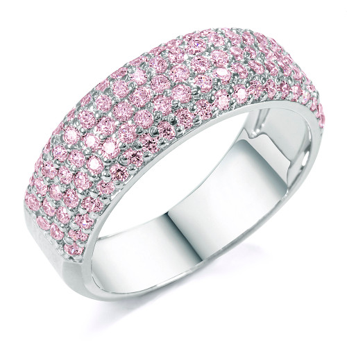 Micro pave set round pink lab-grown diamond simulant cubic zirconia wide anniversary band in 14k white gold.