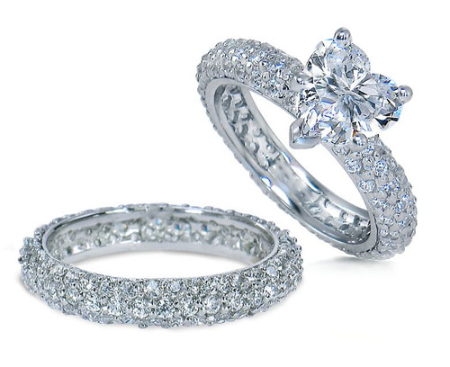 Heart 2 Carat Micro Pave Eternity Wedding Set with lab grown diamond alternative cubic zirconia in 14k white gold.