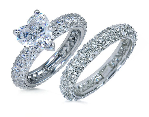 Heart 2 Carat Micro Pave Eternity Wedding Set with lab grown diamond simulant cubic zirconia in 14k white gold.