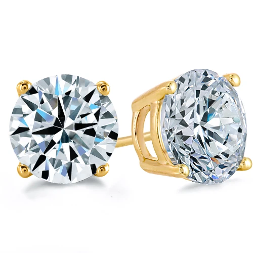Round lab-grown diamond four prong basket set stud earrings in 14k yellow gold.