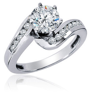 Round 1.5 Carat Swirled Channel Set Solitaire with lab grown diamond quality cubic zirconia in 14k white gold.