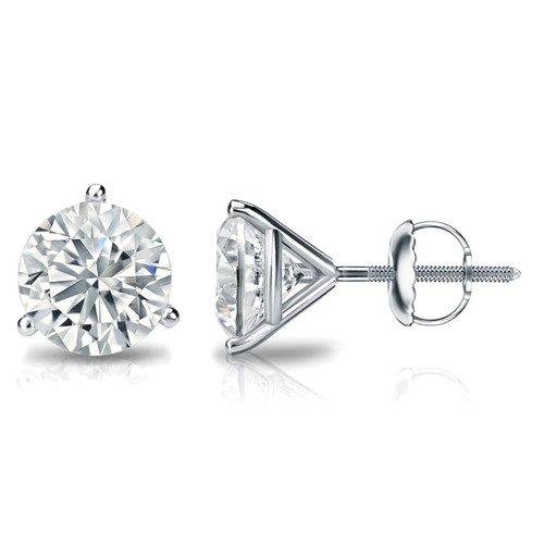 Three prong 4 carat each round Martini style basket set lab-grown diamond simulant cubic zirconia stud earrings in 14k white gold with screwbacks