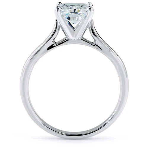 Radiant Emerald cut lab grown diamond look alternative cubic zirconia cathedral solitaire engagement ring in 14k white gold.