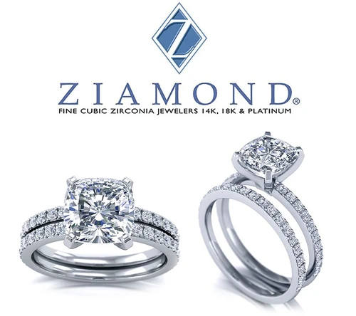 Cushion Cut 4 Carat Square Micro Pave Wedding Set with lab grown diamond quality cubic zirconia in 14k white gold.
