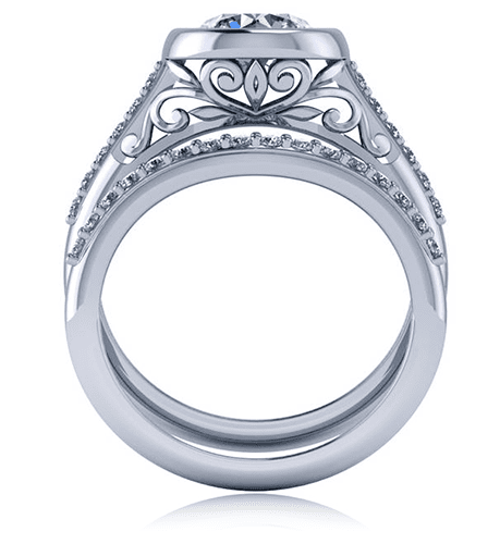 Round 1.5 Carat Bezel Set Antique Estate Cathedral Bridal Set with lab grown diamond simulant cubic zirconia in platinum.