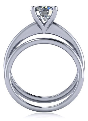 Quatra 1 carat round laboratory grown diamond quality cubic zirconia four prong solitaire with matching band wedding set in 14k white gold.