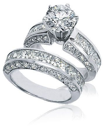 Round 1.5 Carat Prong Set Channel Princess Cut Wedding Set with lab grown diamond simulant cubic zirconia in 14k white gold.