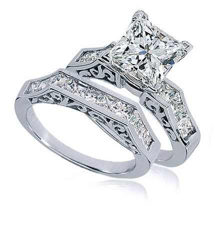 Princess Cut 1.5 Carat Channel Set Engraved Bridal Set with lab grown diamond simulant cubic zirconia in 14k white gold.