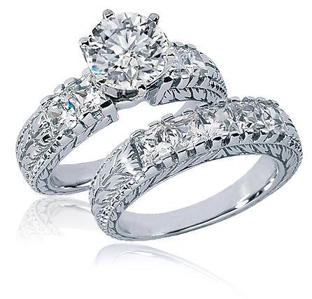 Round 2 Carat Princess Cut Engraved Wedding Set with lab grown diamond simulant cubic zirconia in 14k white gold.