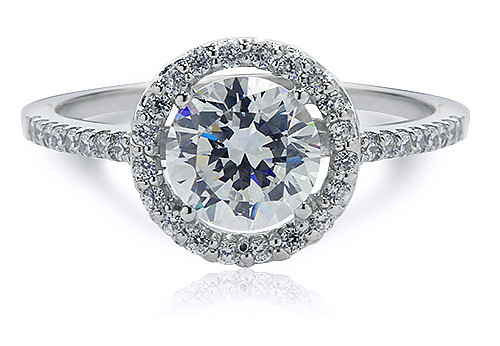 Tori 1 carat round laboratory grown cubic zirconia micro pave set halo solitaire wedding set in 14k white gold.