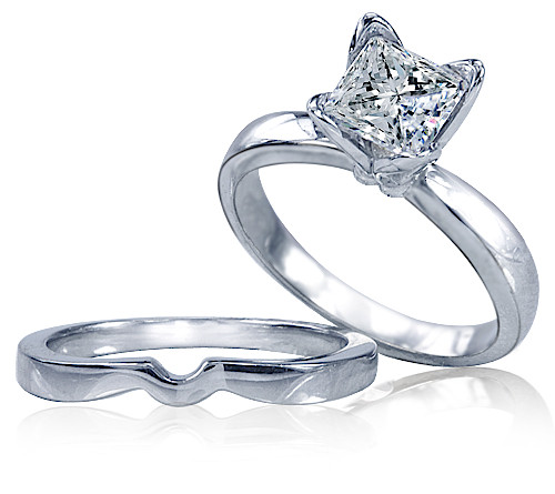 Tulip solitaire wedding set 1 carat 6mm princess cut square laboratory grown diamond look cubic zirconia in 14k white gold.