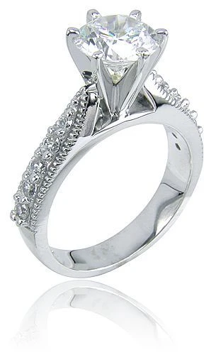 Round 1.5 Carat Cathedral Milgrain Pave Solitaire with laboratory grown diamond quality cubic zirconia in 14k white gold.