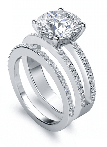 Britney Round Micro Pave Split Shank Wedding Set with lab grown diamond quality cubic zirconia in 14k white gold.