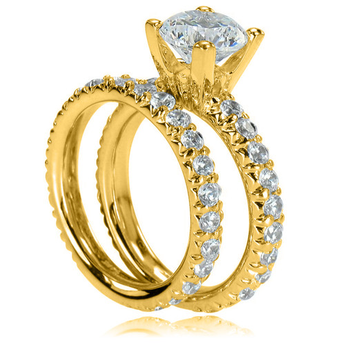 Round 2 Carat Solitaire and Matching Band Bridal Set with lab grown diamond simulant cubic zirconia in 14k yellow gold.