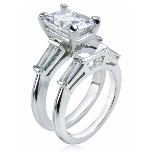 Sex and the City Charlotte 1.5 Carat Emerald Step Cut Baguette Wedding Set with lab grown diamond look cubic zirconia in 14k white gold.