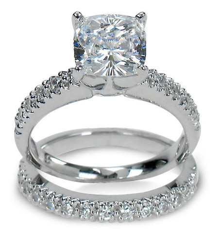 Cushion Cut 2.5 Carat Pave Bridal Set with lab grown diamond look cubic zirconia in 14k white gold.