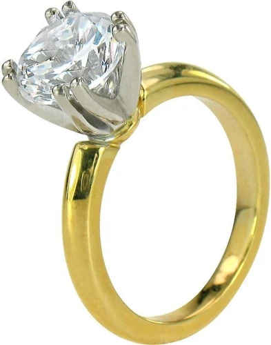 Round 2.5 Carat Double Prong Classic Tiffany Style Solitaire with lab grown diamond alternative cubic zirconia in 14k yellow gold.