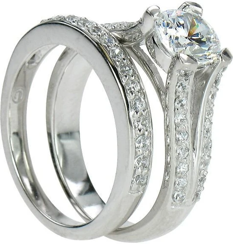 Round 1 Carat Pave Split Shank Bridal Set with laboratory grown diamond alternative cubic zirconia in platinum.