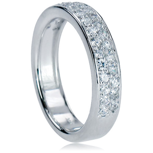 Round halo 1 carat lab grown diamond alternative cubic zirconia pave set wedding set in platinum.