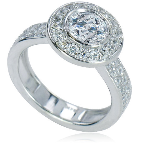 Round halo 1 carat lab grown diamond quality cubic zirconia pave set wedding set in platinum.
