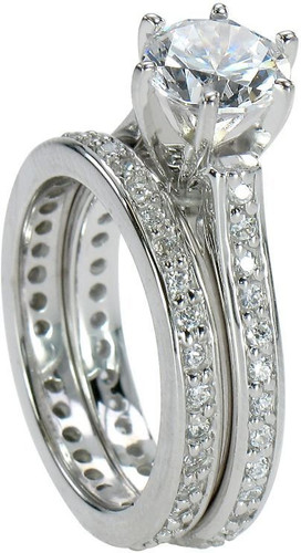 Round 1.5 Carat Cathedral Pave Eternity Wedding Set and Contoured Band with lab grown diamond simulant cubic zirconia in 14k white gold.