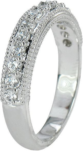 Wedding Band with round lab grown diamond simulant cubic zirconia in 14k white gold.