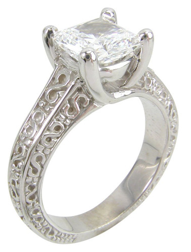 Engraved Princess Cut 1 Carat Trellis Solitaire with laboratory grown diamond simulant cubic zirconia in 14k white gold.