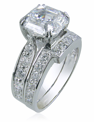 Asscher Cut 5.5 Carat Cathedral Pave Wedding Set and Matching Band with lab grown diamond quality cubic zirconia in platinum.