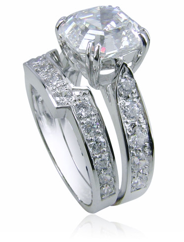 Asscher Cut 5.5 Carat Cathedral Pave Bridal Set and Matching Band with laboratory grown diamond simulant cubic zirconia in platinum.