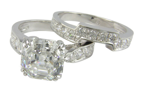 Asscher Cut 4 Carat Cathedral Pave Bridal Set and Contoured Band with lab grown diamond alternative cubic zirconia in platinum.
