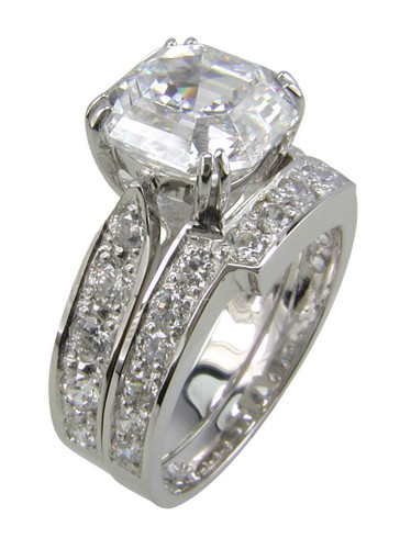 Asscher Cut 1.5 Carat Cathedral Pave Wedding Set with lab grown diamond simulant cubic zirconia in 14k white gold.