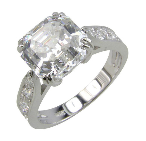 Asscher Cut 1.5 Carat Cathedral Pave Solitaire with lab grown diamond look cubic zirconia in platinum.