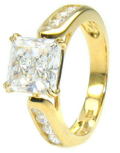 Princess Cut 2.5 Carat Cathedral Solitaire with lab grown diamond simulant cubic zirconia in 14k yellow gold.