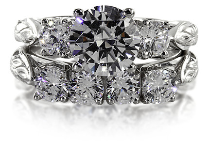 Estate style art deco engraved trellis style 2 carat round lab grown diamond alternative cubic zirconia wedding set in 14k white gold.