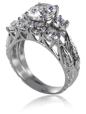 Estate style art deco engraved trellis style 2 carat round lab grown diamond simulant cubic zirconia wedding set in 14k white gold.