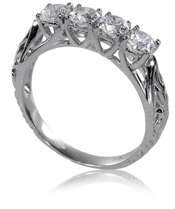 Estate style art deco engraved trellis style 2 carat round lab grown diamond quality cubic zirconia wedding set in 14k white gold.