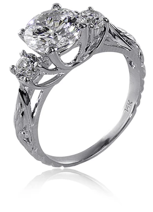 Estate style art deco engraved trellis style 2 carat round lab grown diamond alternative cubic zirconia wedding set in 14k white gold.