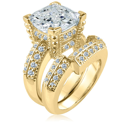 Cushion Cut 5.5 Carat Decadence Wedding Set with lab grown diamond alternative cubic zirconia in 14k yellow gold.