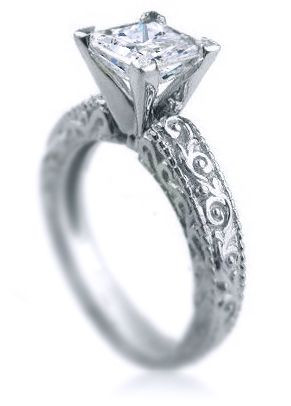 Engraved 1.5 Carat Princess Cut Solitaire with simulated lab grown diamond alternative cubic zirconia in platinum.
