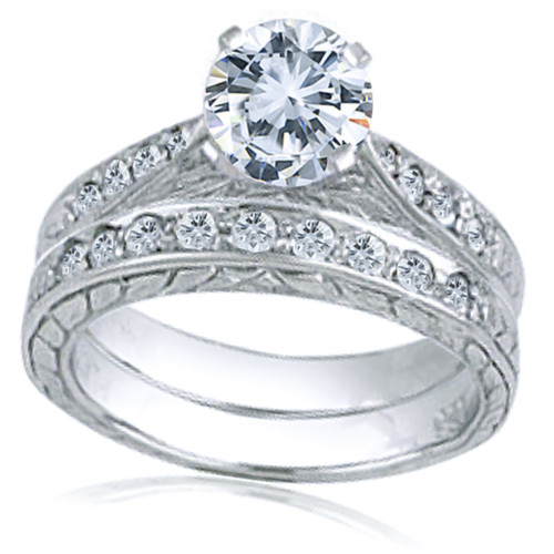 Round 1 Carat Cathedral Engraved Wedding Set with lab grown diamond alternative cubic zirconia in platinum.