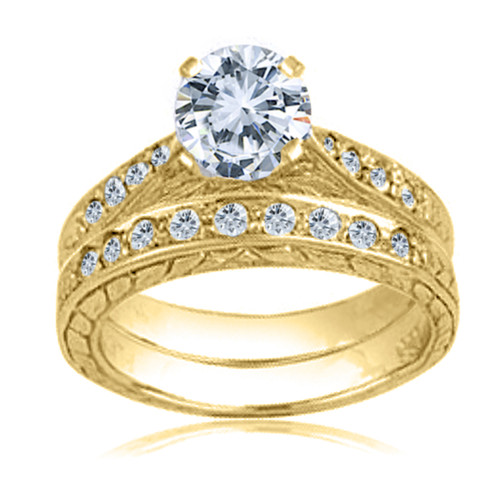 Round 1 Carat Cathedral Engraved Wedding Set with lab grown diamond alternative cubic zirconia in 14k yellow gold.