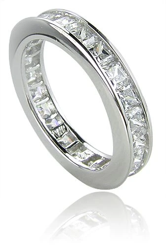 Channel Set Princess Cut Eternity Band with laboratory created diamond quality cubic zirconia in 14k white gold.
