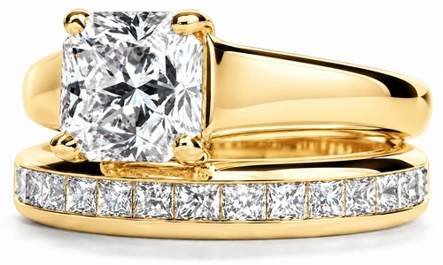 Trellis Princess Cut Solitaire and Eternity Band Bridal Set with lab created diamond simulant cubic zirconia in 14k yellow gold.